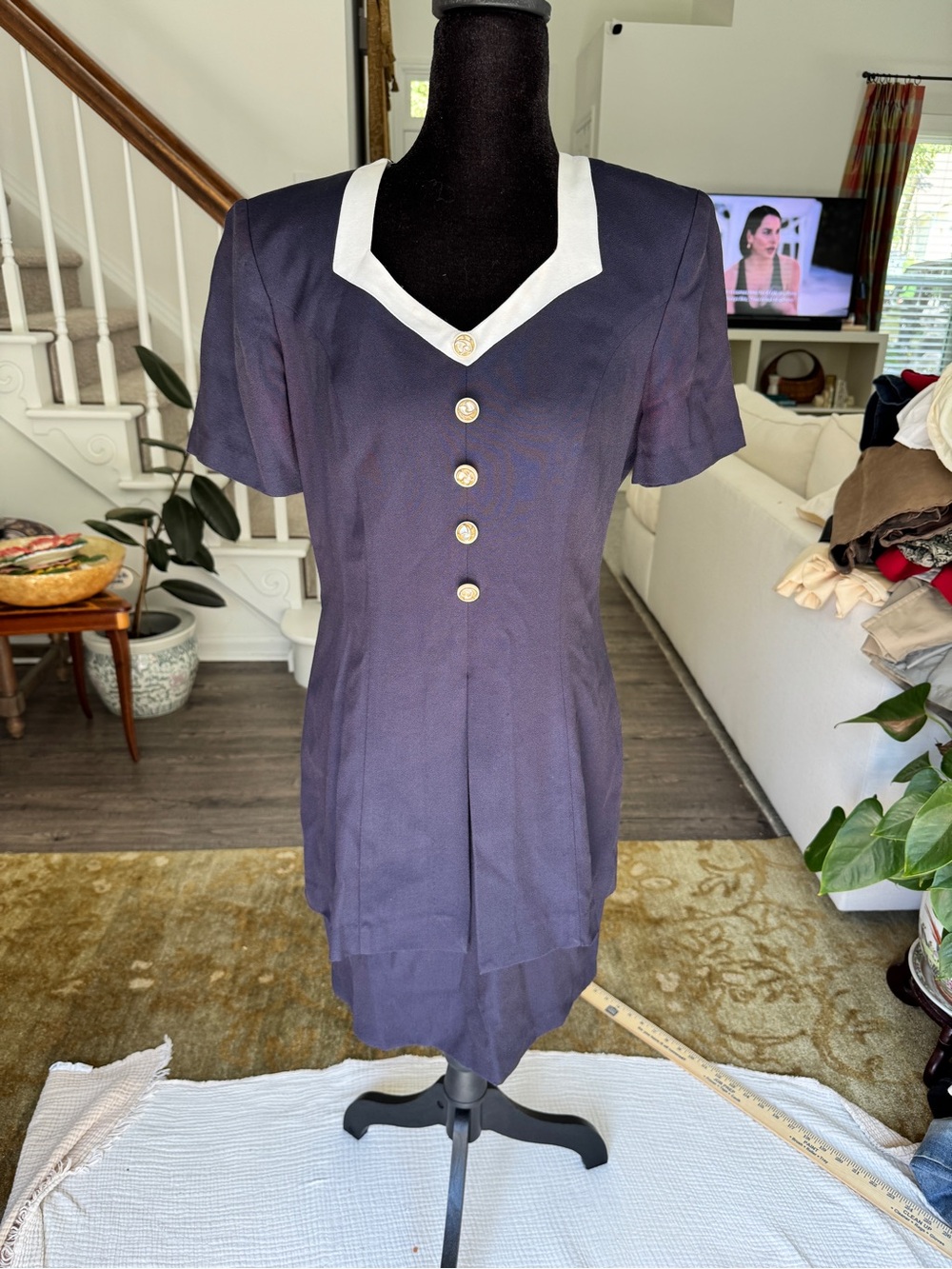 Navy 80s Midi Dress with Contrast White V-Neck and Gold Buttons
